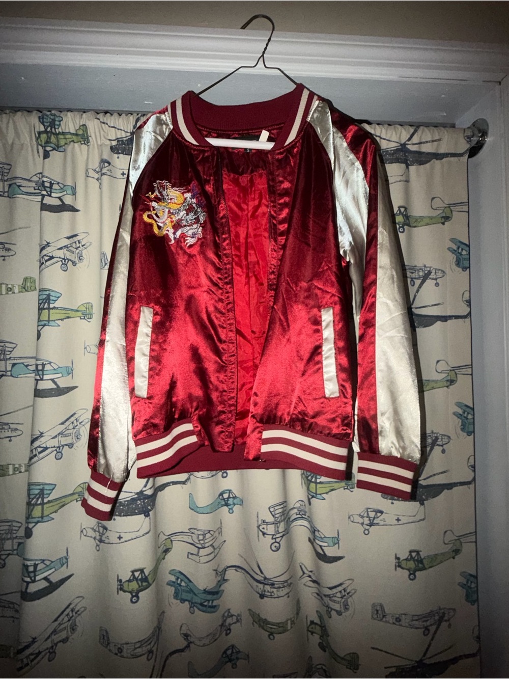 Red Satin Contrast-Sleeve Embroidered Bomber Jacket - Women